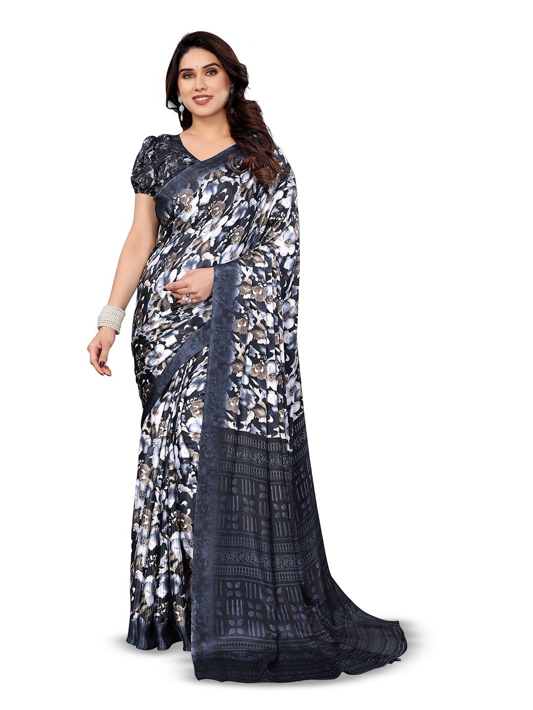 

Moda Rapido Floral Silk Blend Saree, Grey