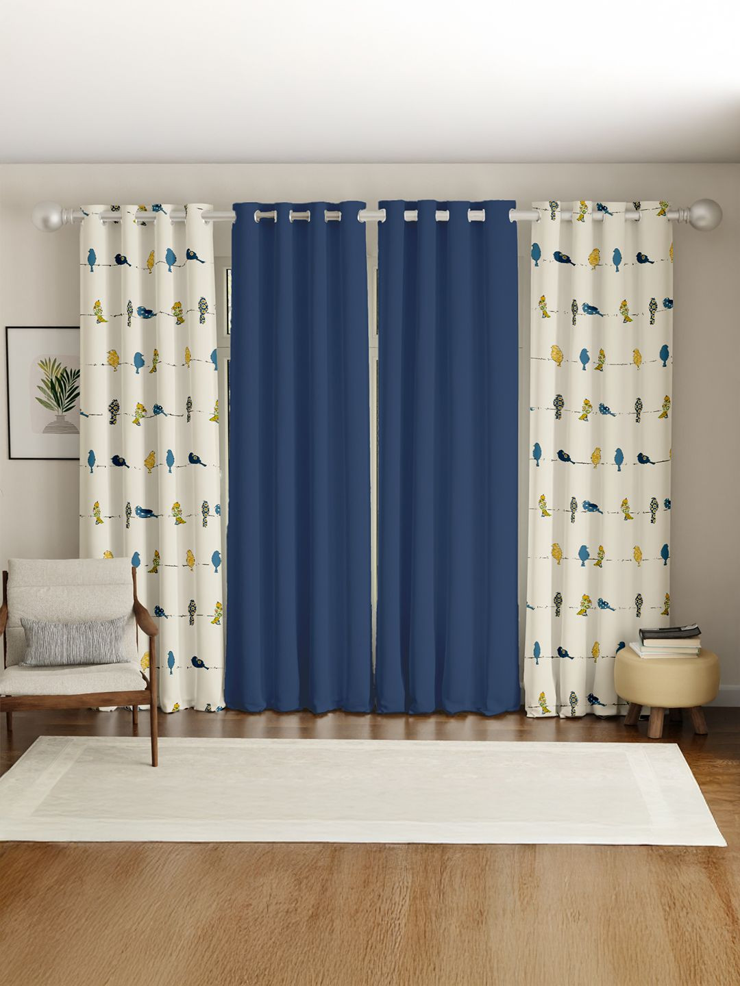 

URBAN SPACE Blue & White Set of 4 Floral Window Curtain