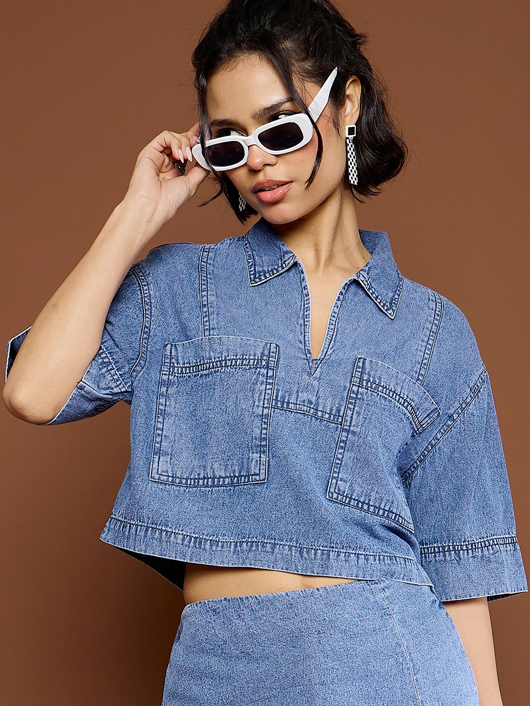 

SASSAFRAS Cotton Denim Boxy Crop Top, Blue