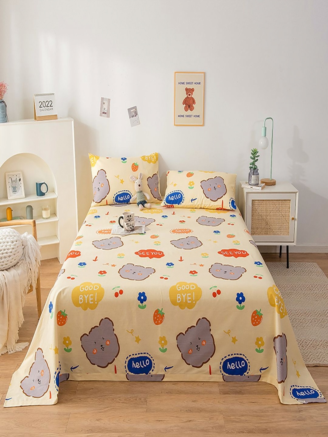 

JC HOME Yellow & Red Cartoon Characters 140 TC King Bedsheet with 2 Pillow Covers