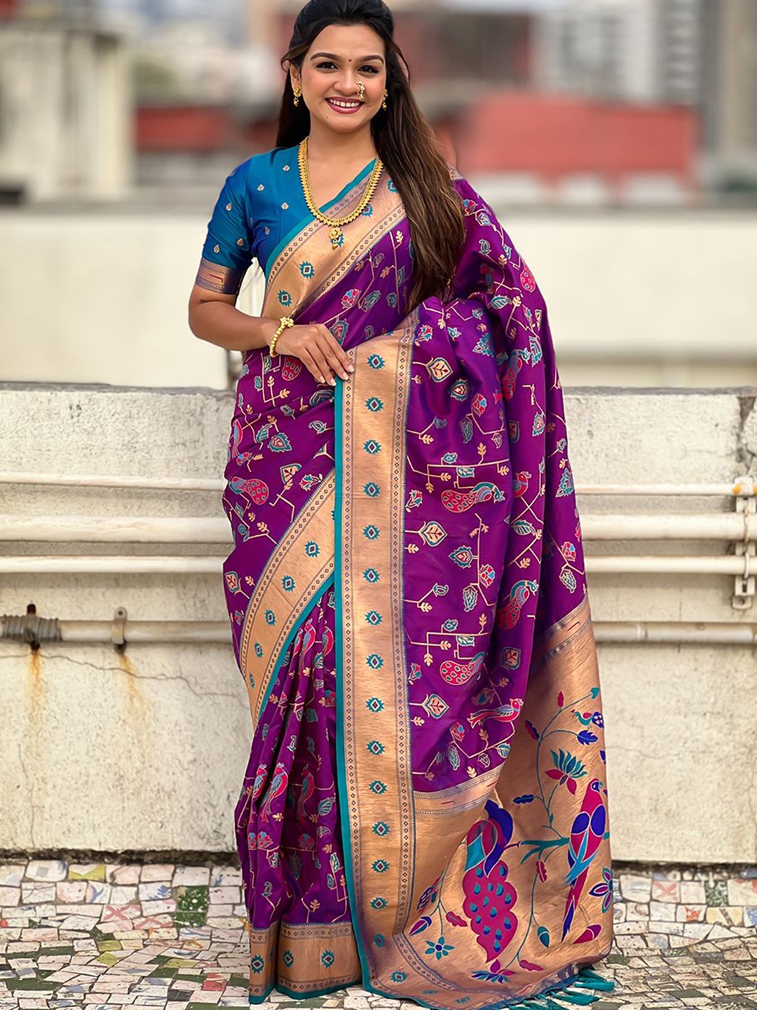 

all about you Floral Silk Blend Paithani Saree, Purple