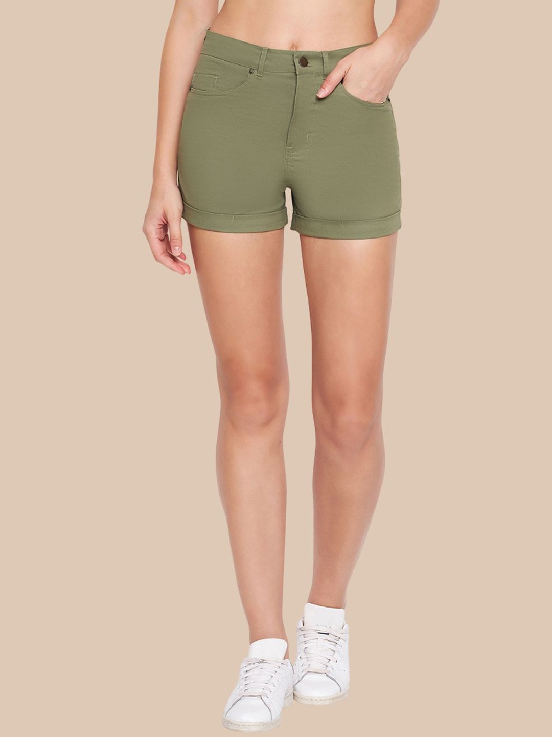 

Hypernation Women Slim Fit High-Rise Shorts, Olive