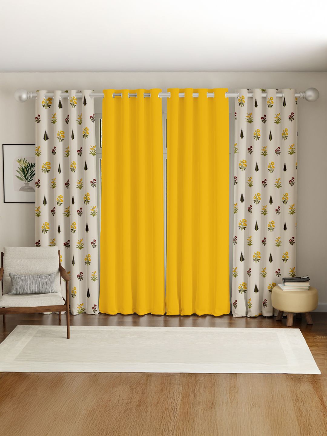 

URBAN SPACE Yellow & White Set of 4 Ethnic Motifs Door Curtain