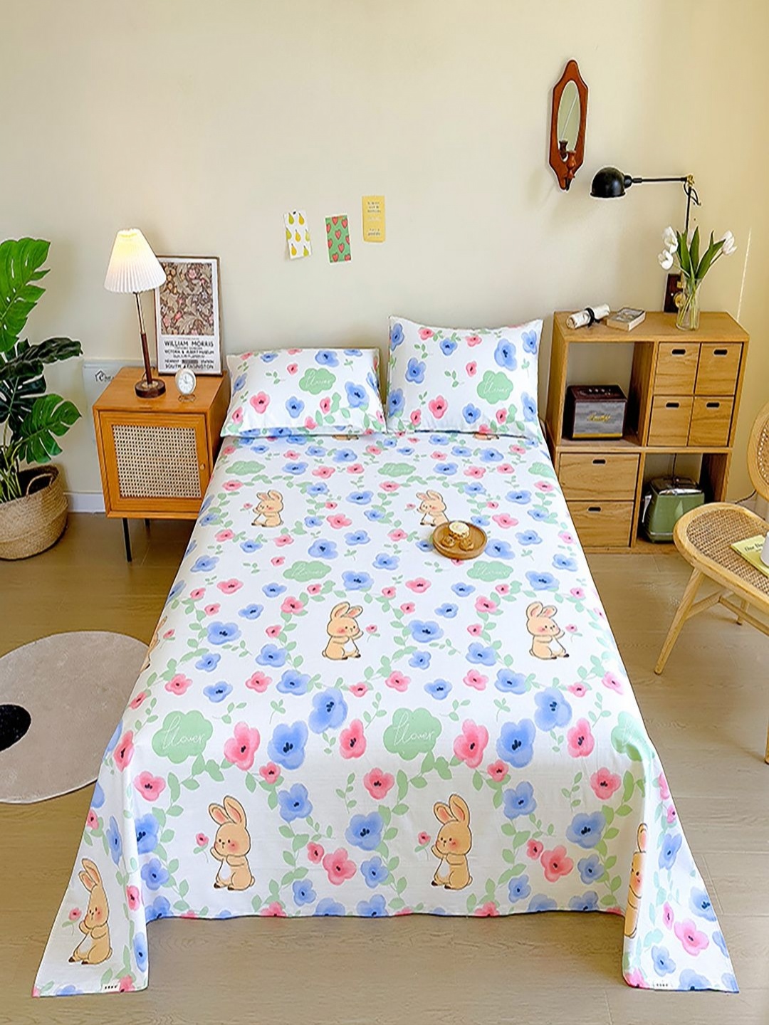 

JC HOME White & Blue Floral 140 TC Single Bedsheet with 1 Pillow Covers