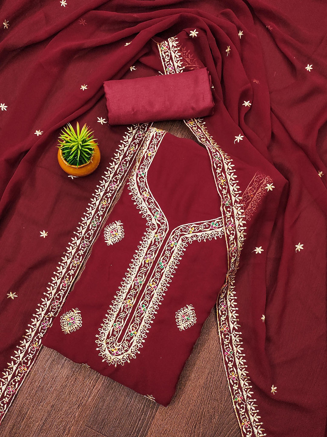 

SHADOW & SAINING Embroidered Silk Georgette Unstitched Dress Material, Maroon