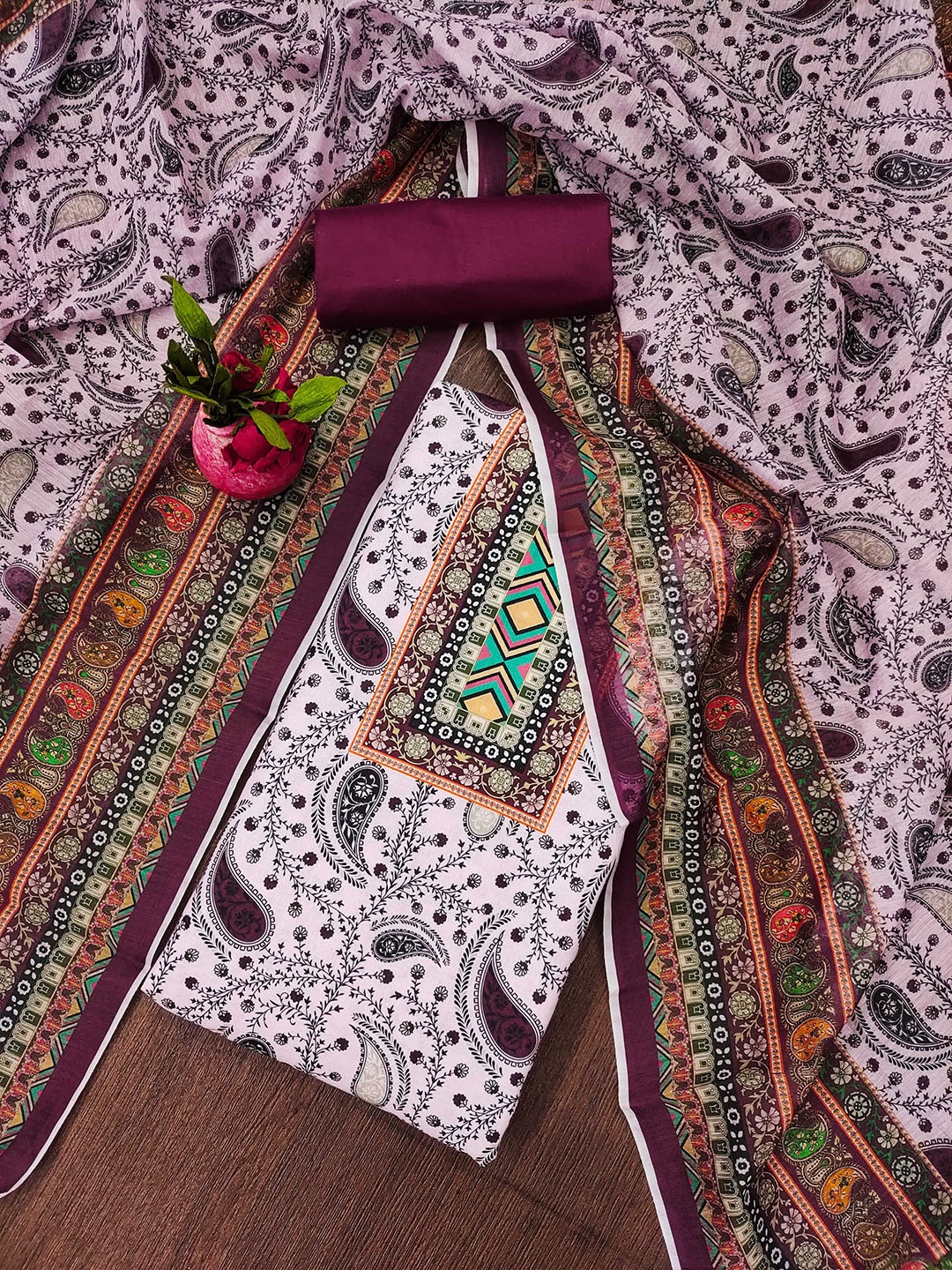 

SHADOW & SAINING Printed Unstitched Dress Material, Burgundy
