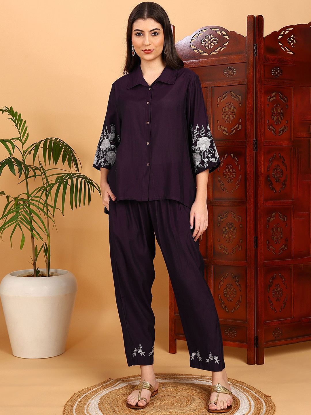 

ETC Printed Shirt Collar Shirt With Trousers Co-Ords Set, Purple