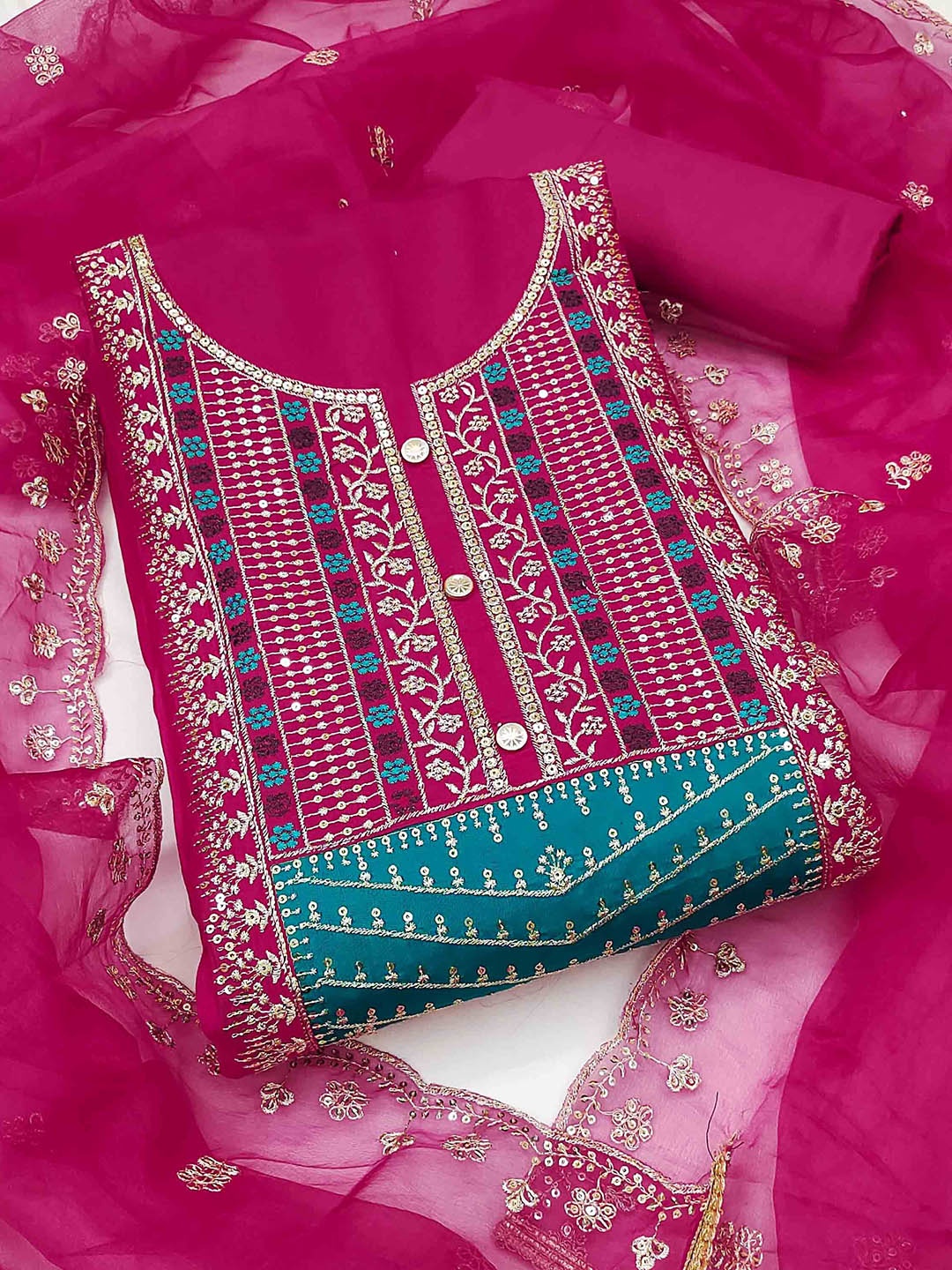

SHADOW & SAINING Embroidered Pure Cotton Semi-Stitched Dress Material, Pink
