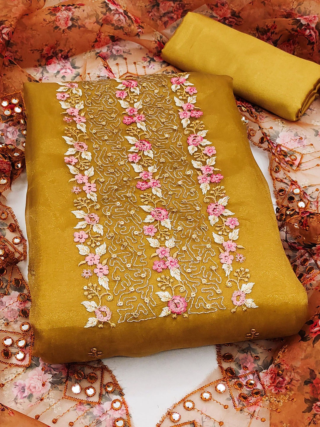 

SHADOW & SAINING Embroidered Organza Unstitched Dress Material, Yellow