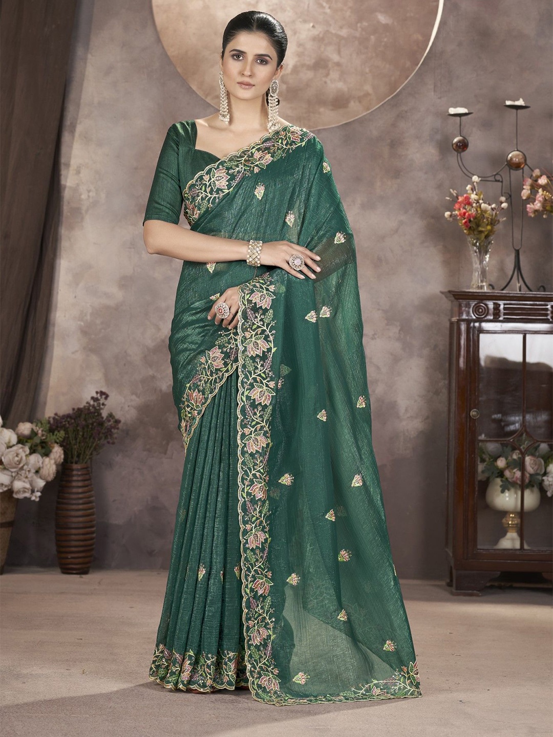 

LeeliPeeri Designer Ethnic Motifs Embroidered Silk Blend Saree, Green
