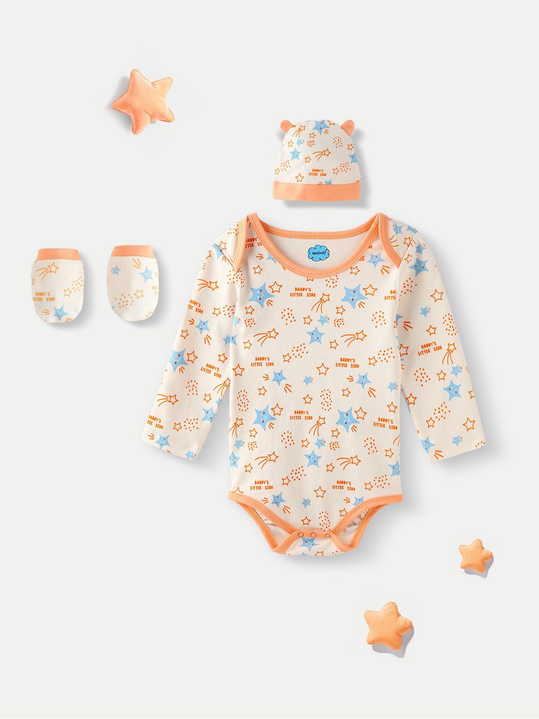 

Nauti Nati Infants Soft Cotton Star Printed Bodysuit With Mittens and Beanie, Cream