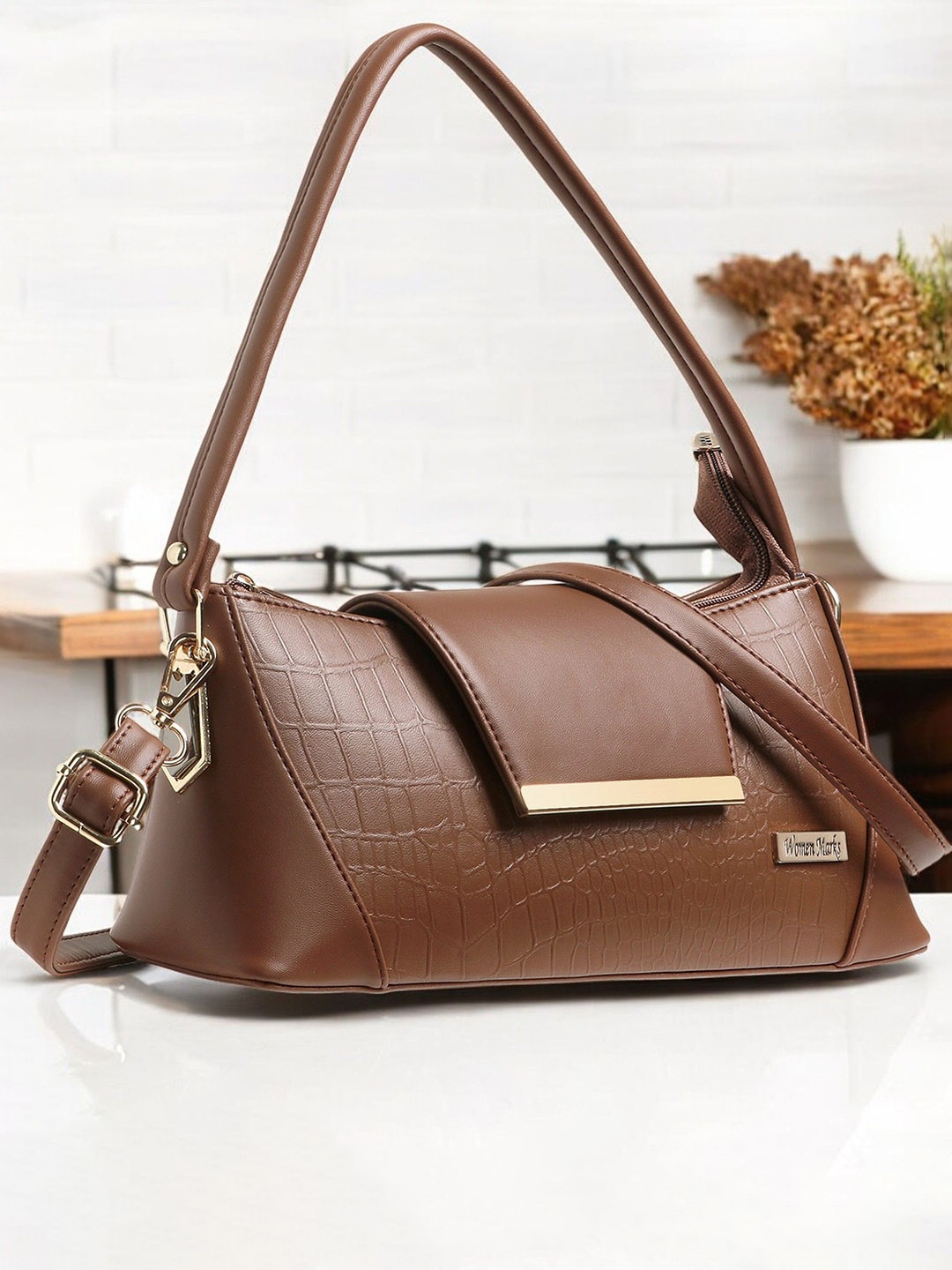 

WOMEN MARKS Textured PU Bucket Sling Bag with Bow Detail, Brown