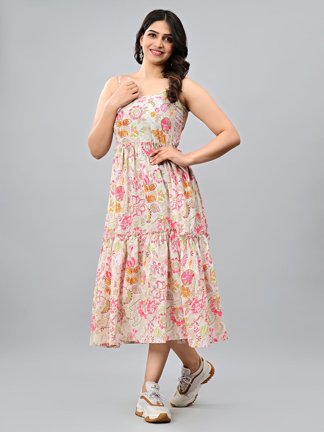 

CORDSET Floral Print Fit & Flare Midi Dress, Off white