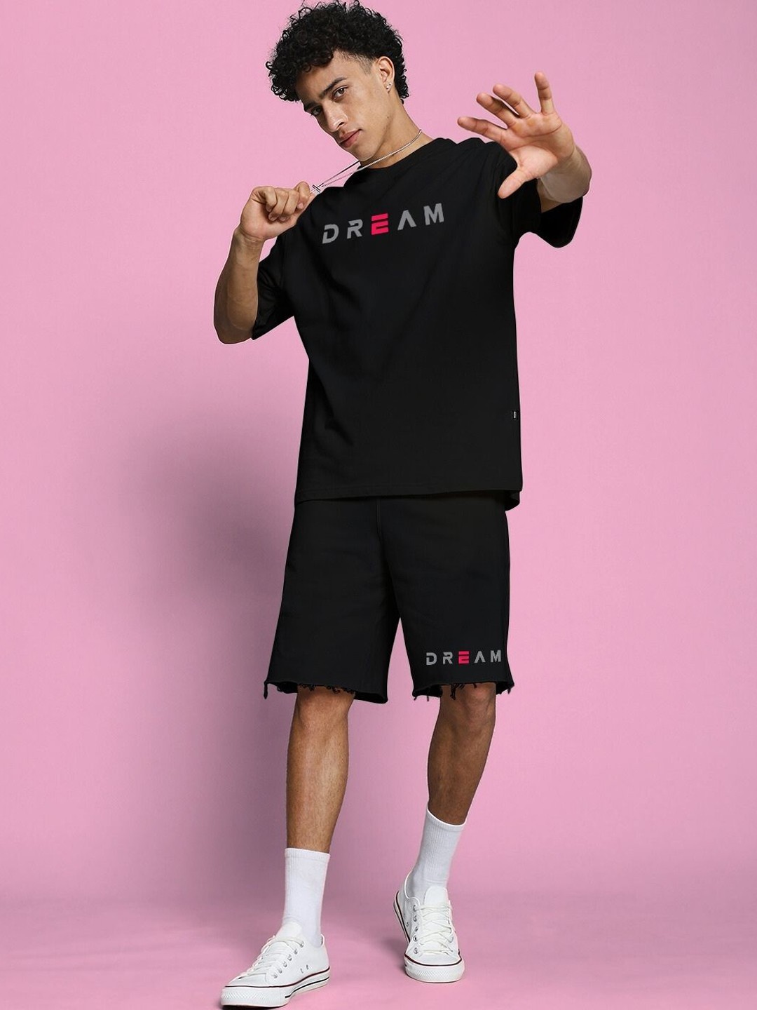 

WEARDUDS Printed Pure Cotton Round Neck T-Shirt With Shorts Co-Ords, Black