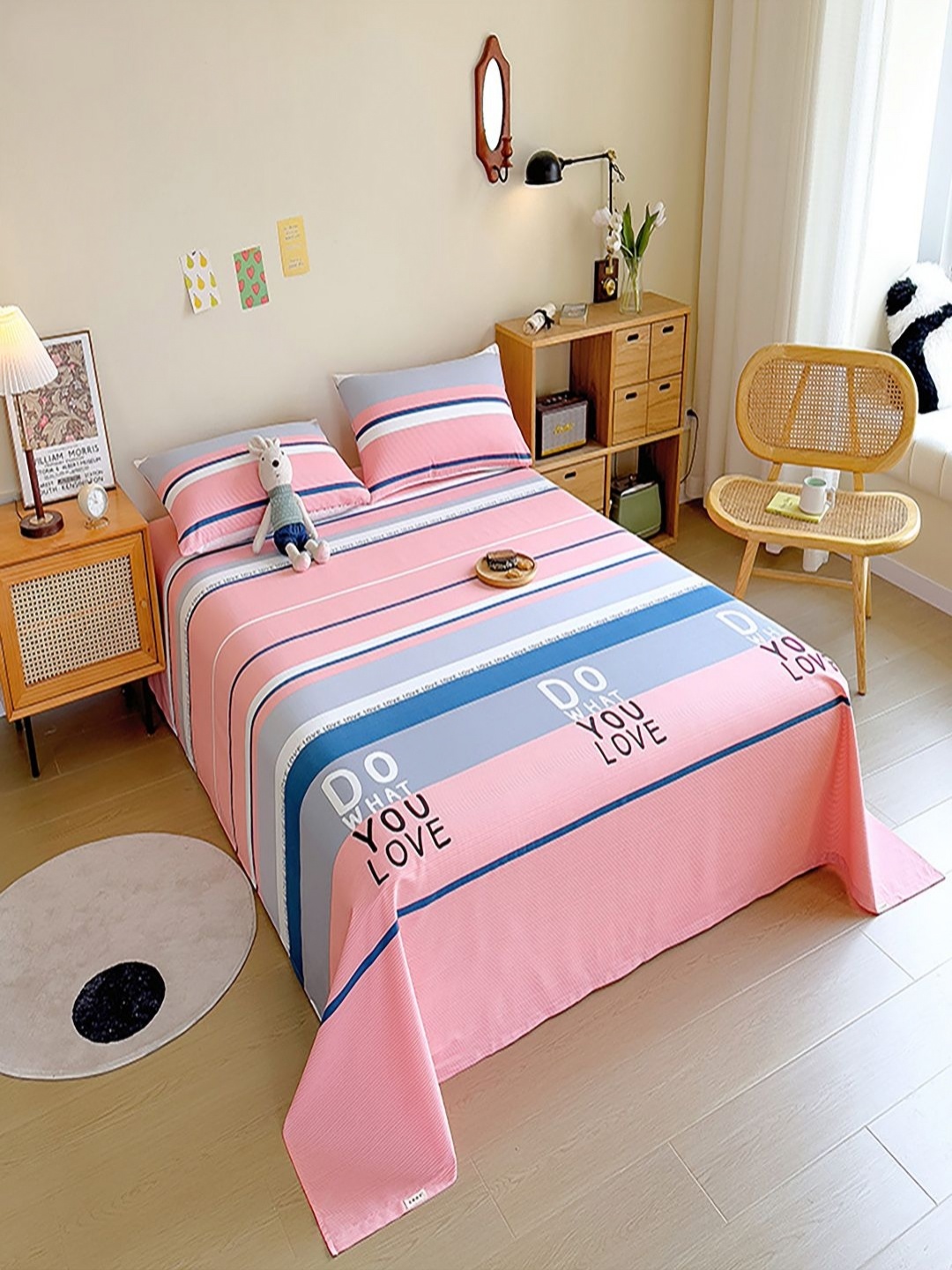 

JC HOME Pink & Blue Striped 140 TC Single Bedsheet with 1 Pillow Covers