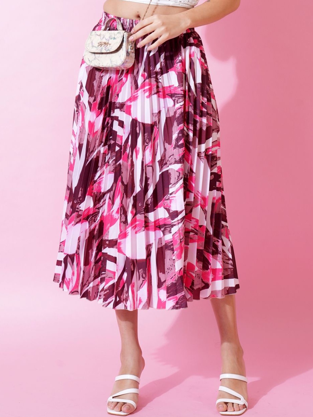 

ZWERLON Printed Pleated Midi Skirt, Pink