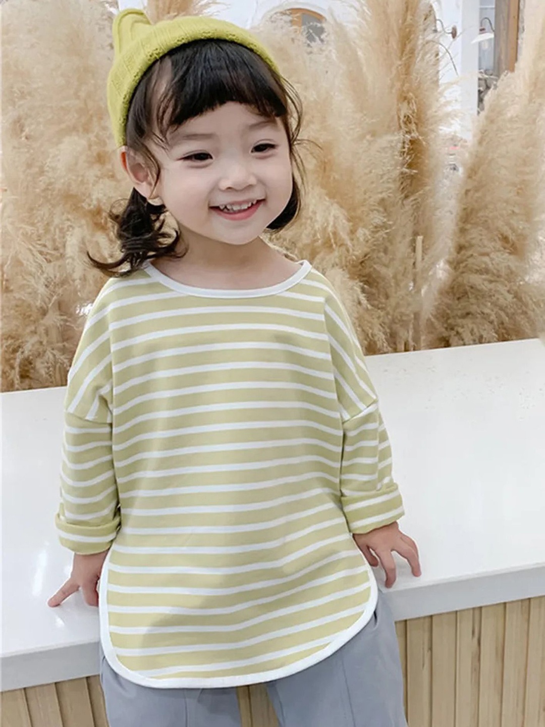 

LULU & SKY Girls Striped V-Neck Drop-Shoulder Sleeves Pockets T-shirt, Khaki