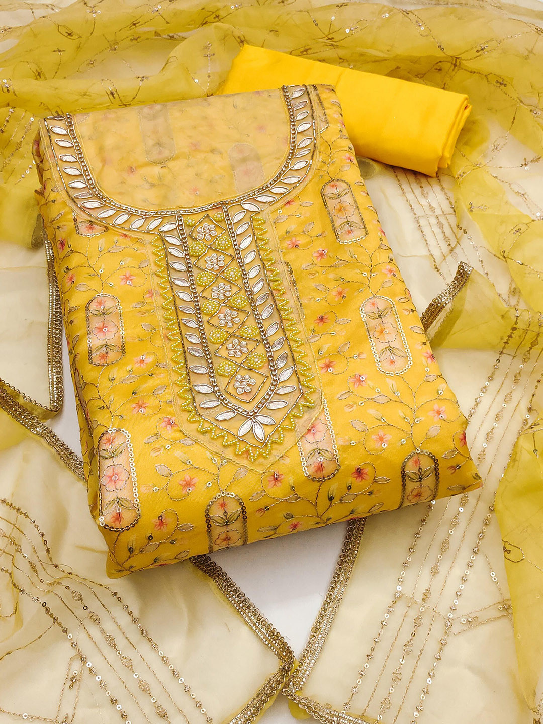 

SHADOW & SAINING Embroidered Organza Semi-Stitched Dress Material, Yellow