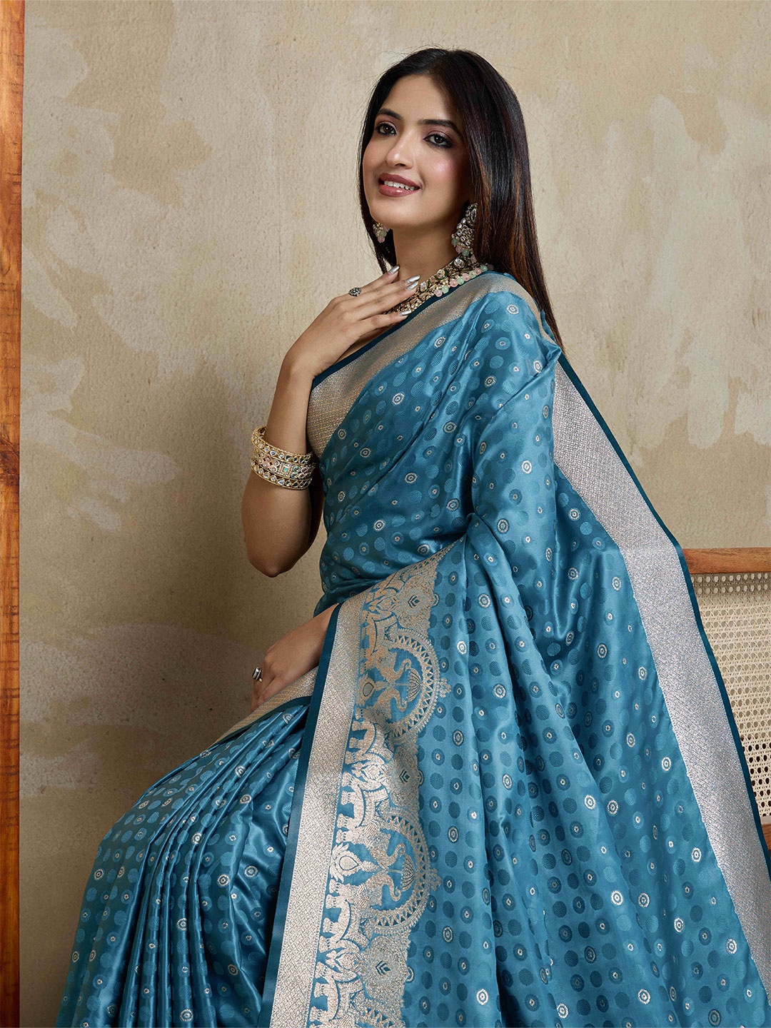 

TASRIKA Woven Design Zardozi Satin Heavy Work Banarasi Saree, Blue