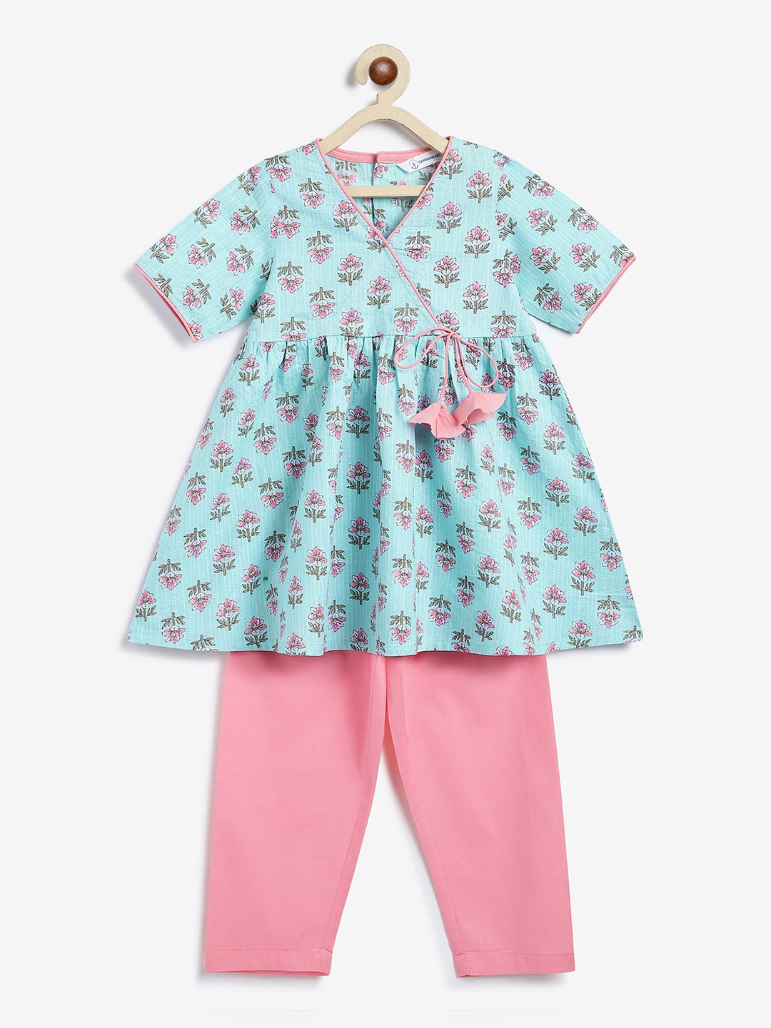

Campana Girls Floral Printed Angrakha Kantha Work Pure Cotton Kurti with Trousers, Blue