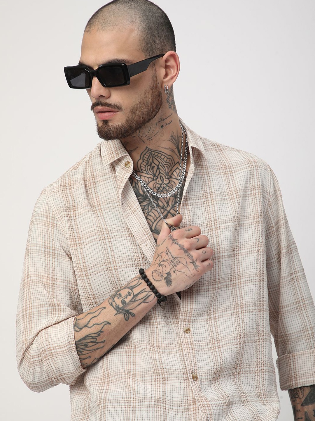 

VASTRADO Men Classic Slim Fit Opaque Checked Casual Shirt, Brown