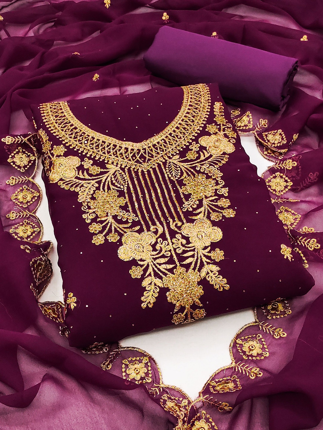 

SHADOW & SAINING Embroidered Silk Georgette Unstitched Dress Material, Purple