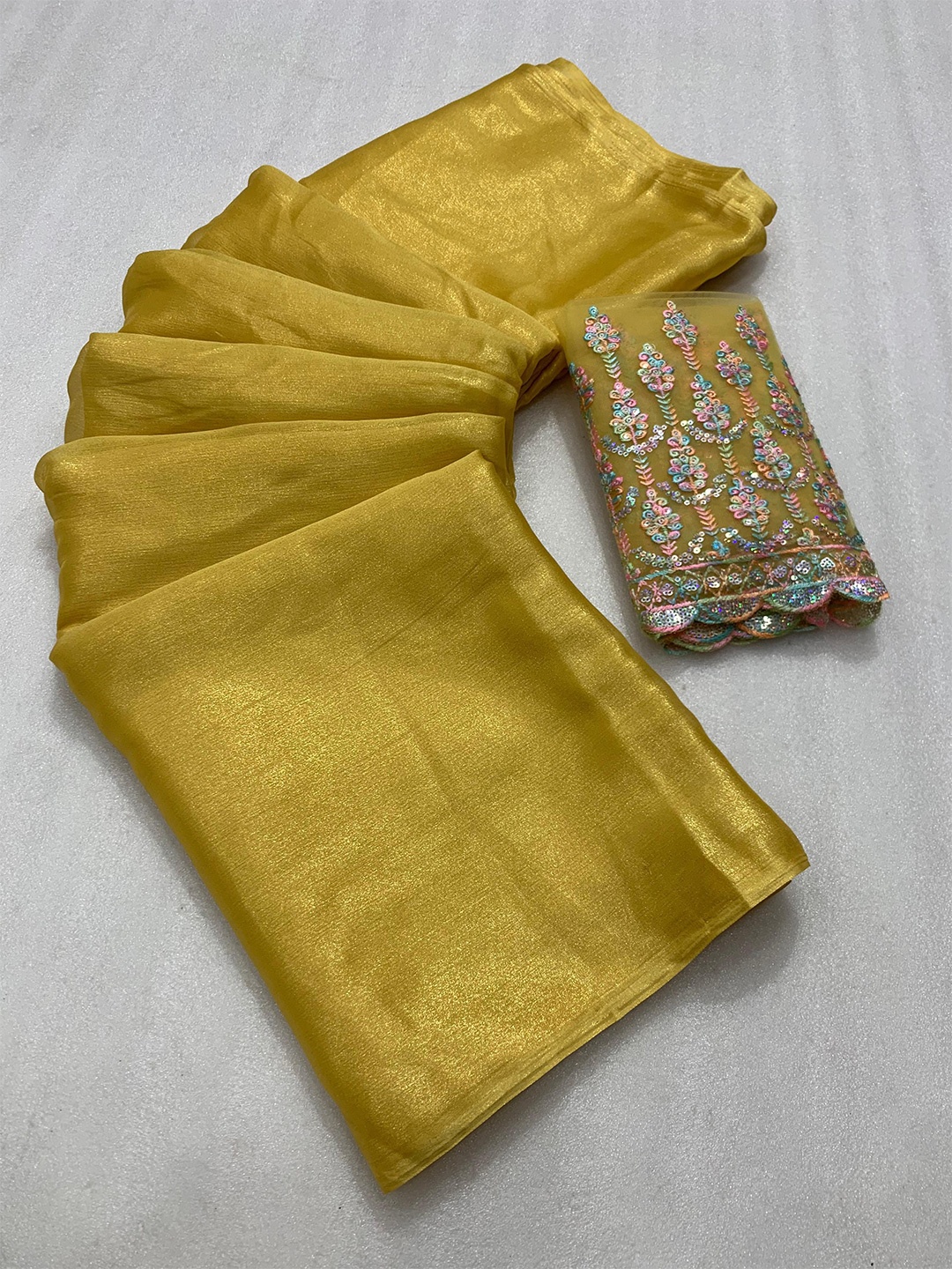 

Moda Rapido Zari Pure Chiffon Fusion Saree, Mustard