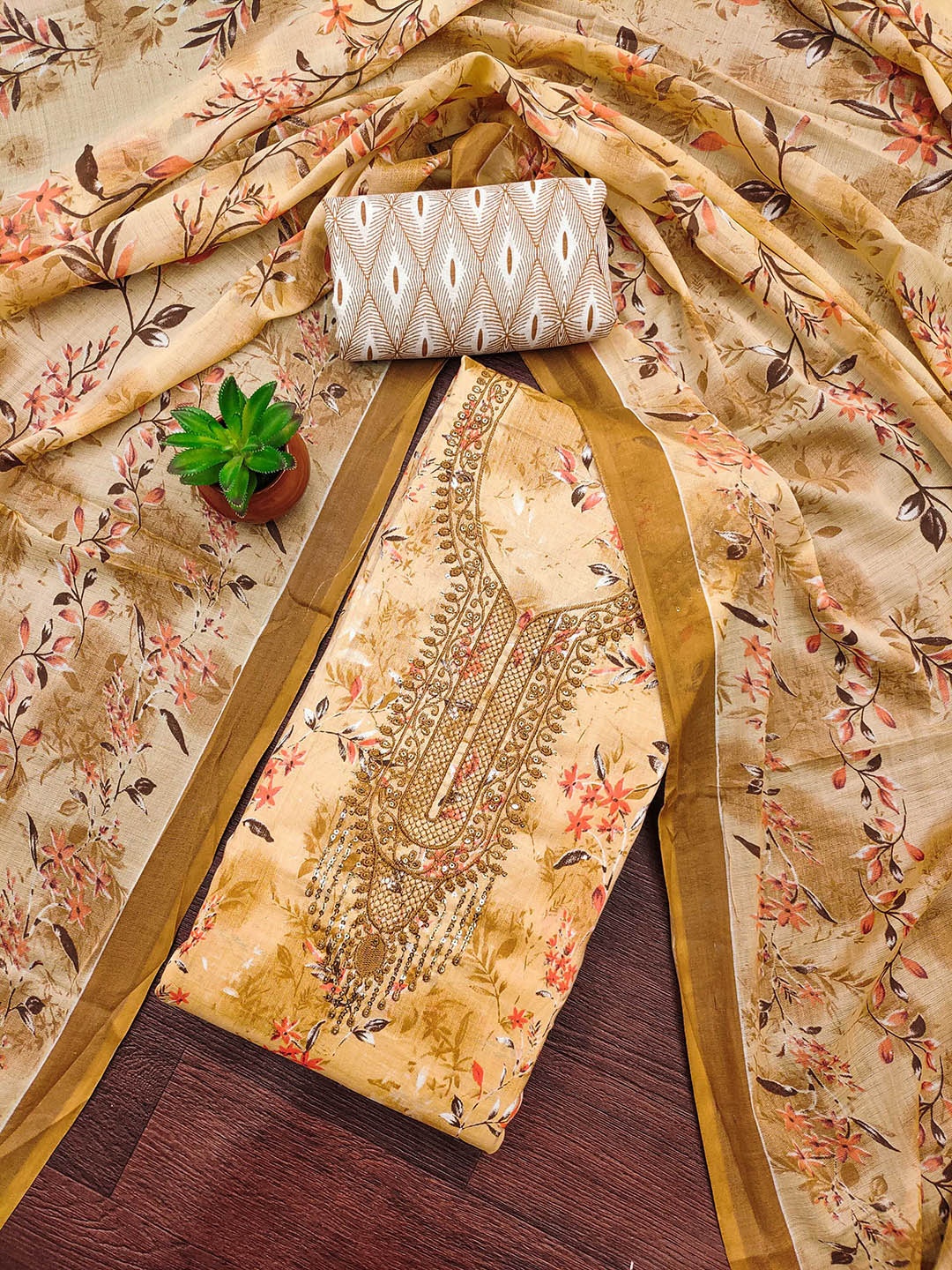 

SHADOW & SAINING Embroidered Pure Cotton Unstitched Dress Material, Beige