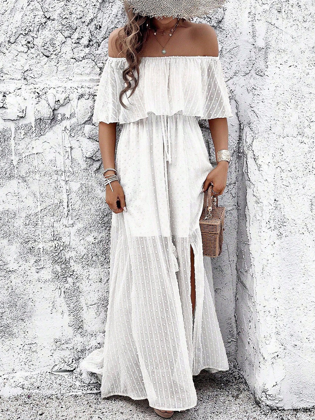

bebe Off-Shoulder Maxi Dress, White