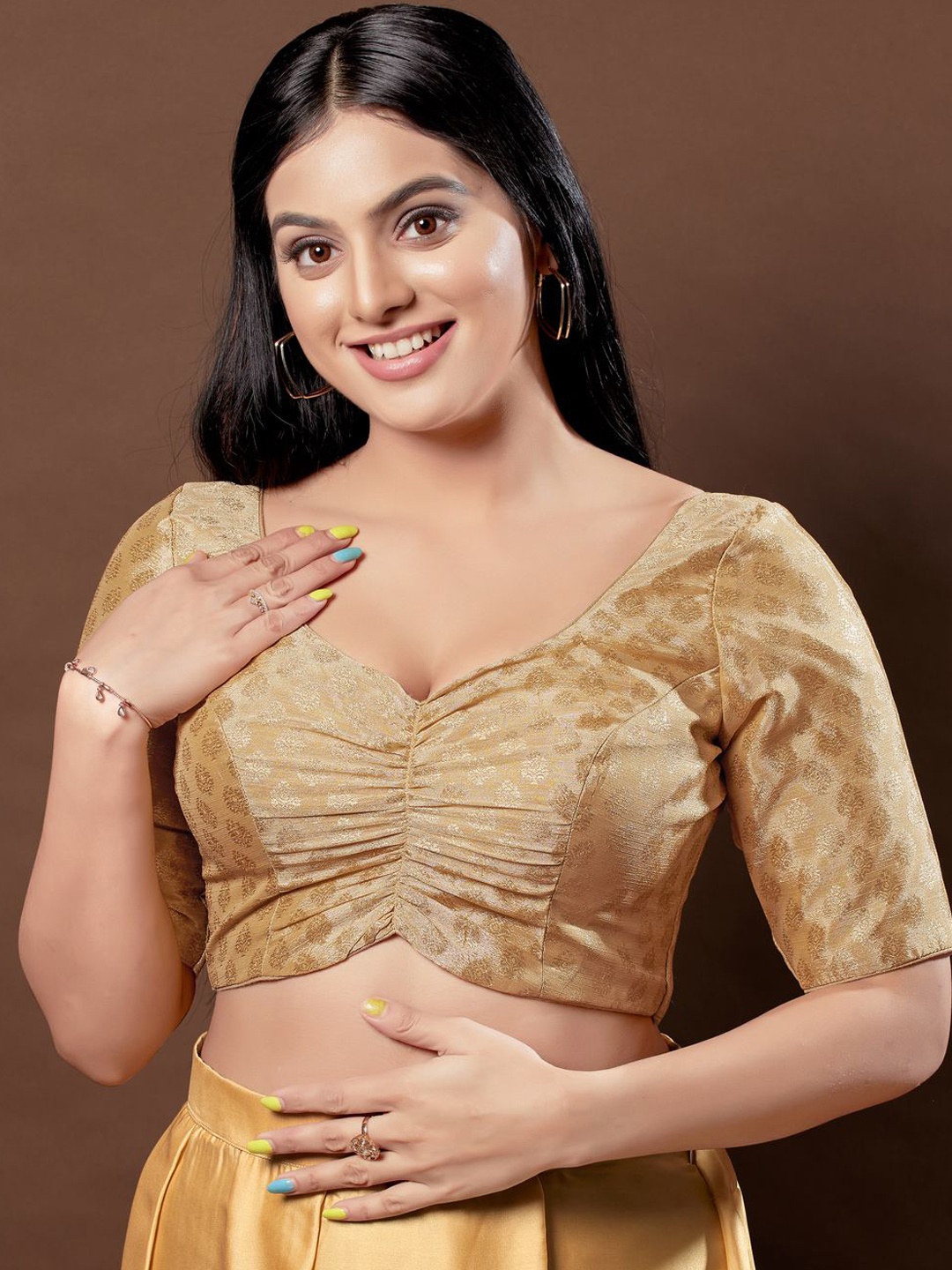 

VAMAS - THE DESIGNER BLOUSES Women Sweetheart Neck Padded Saree Blouse, Gold