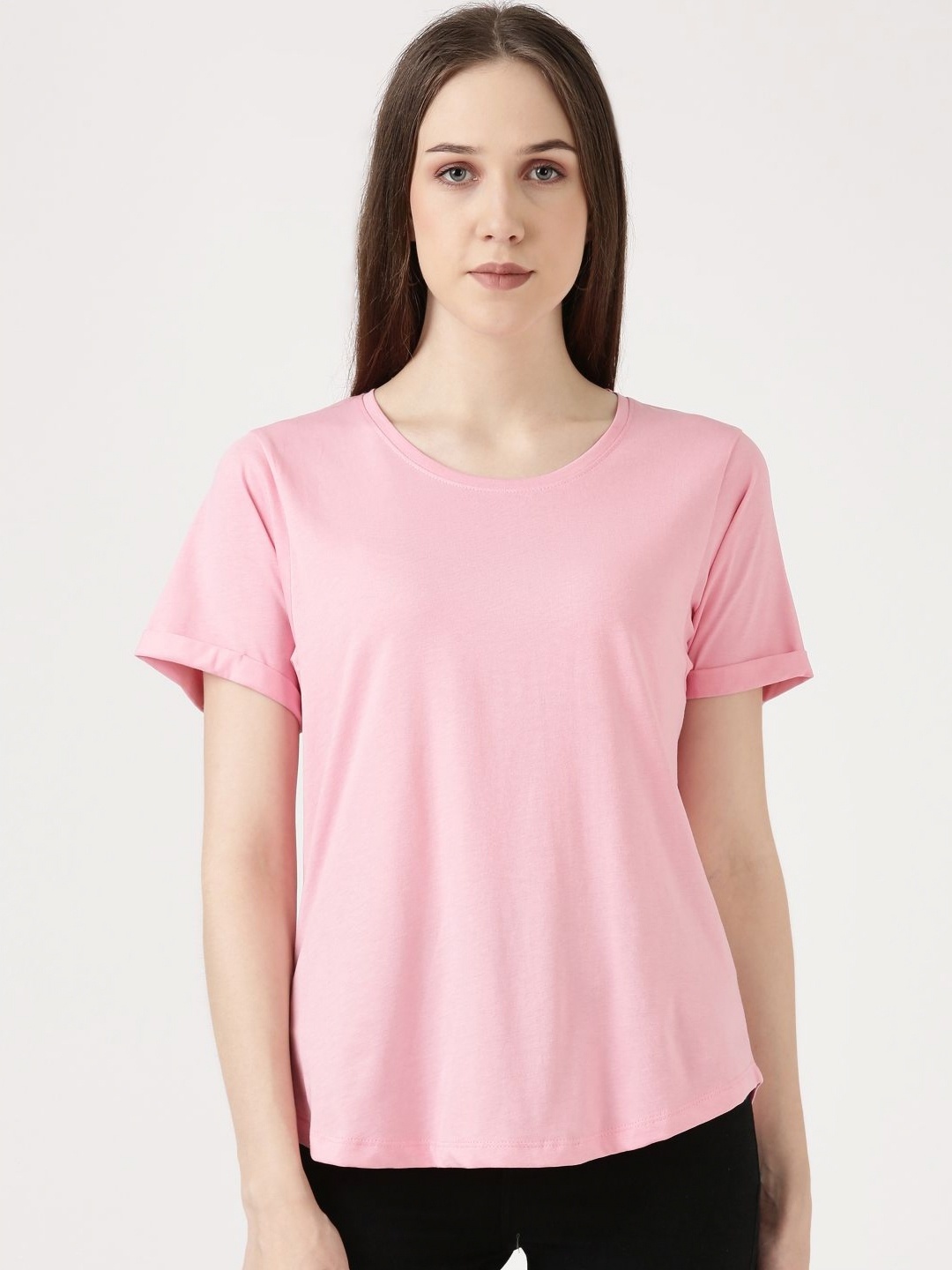 

FILMODE Women Drop-Shoulder Sleeves Bio Finish Raw Edge T-shirt, Pink