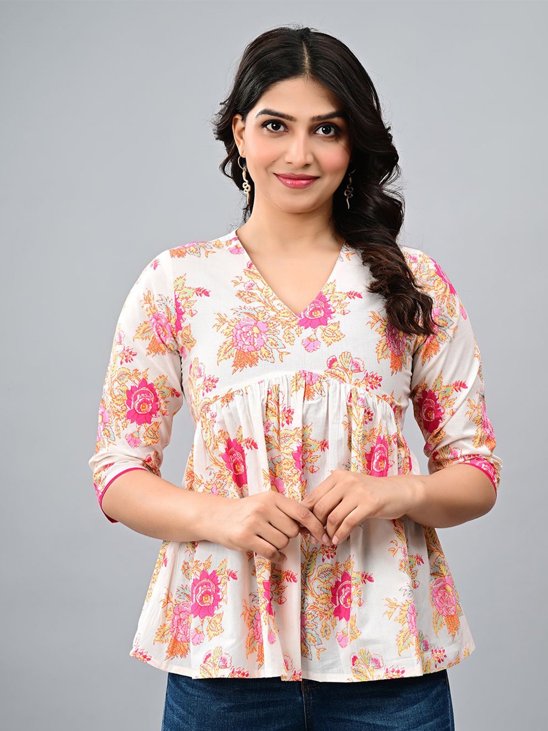 

CORDSET Floral Print Cotton Empire Top, Off white