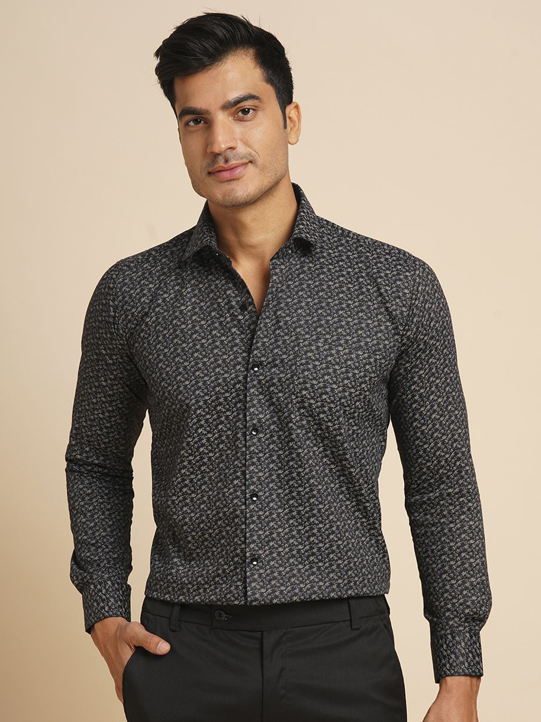 

John Philips Men Slim Fit Opaque Printed Casual Shirt, Black