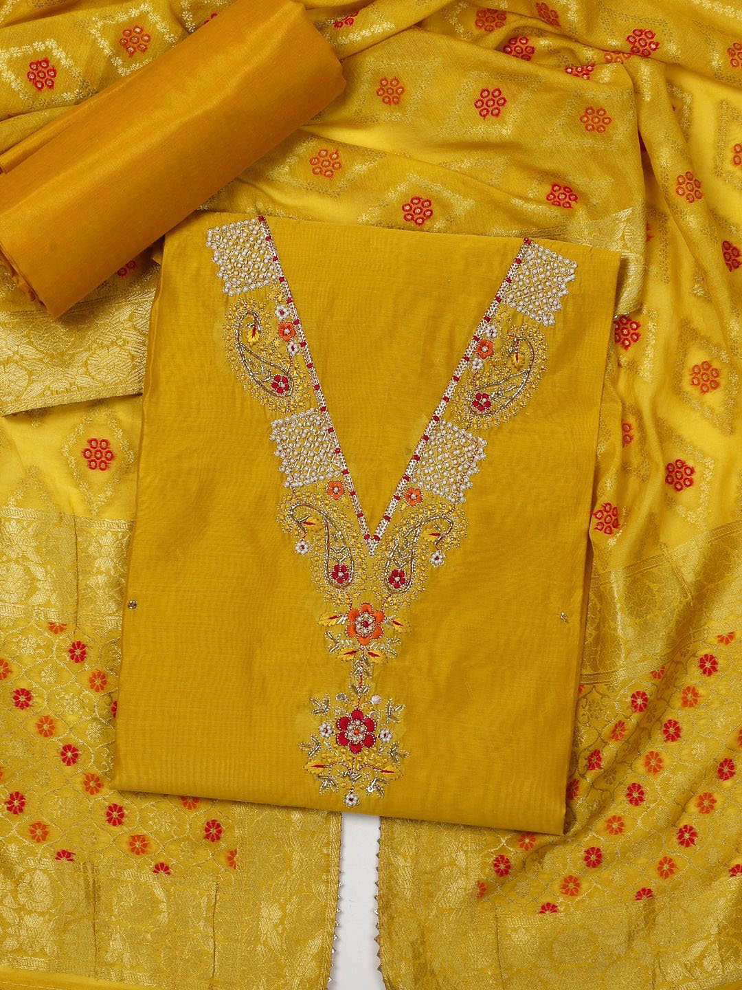 

SALWAR STUDIO Embroidered Pure Silk Unstitched Dress Material, Yellow