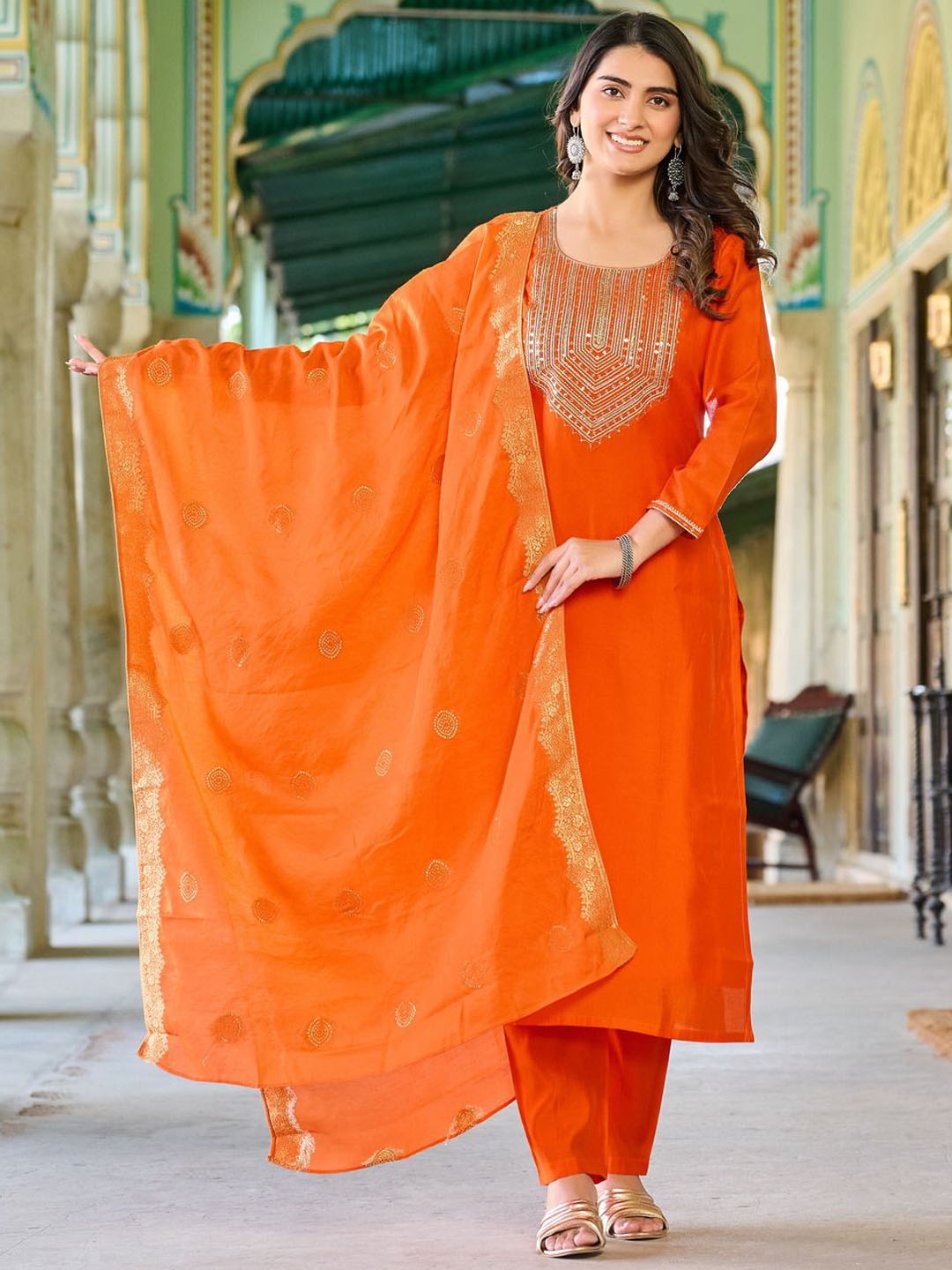 

Amrutam Fab Women Yoke Design Regular Raw Silk Kurta with Pyjamas & With Dupatta, Orange