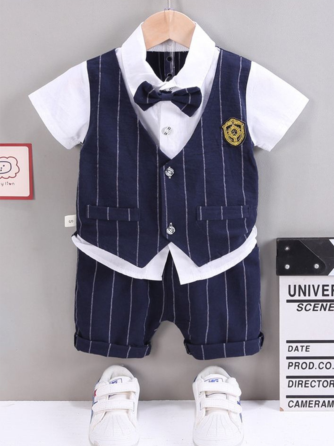 

LULU & SKY Boys Striped Shirt with Shorts, Navy blue