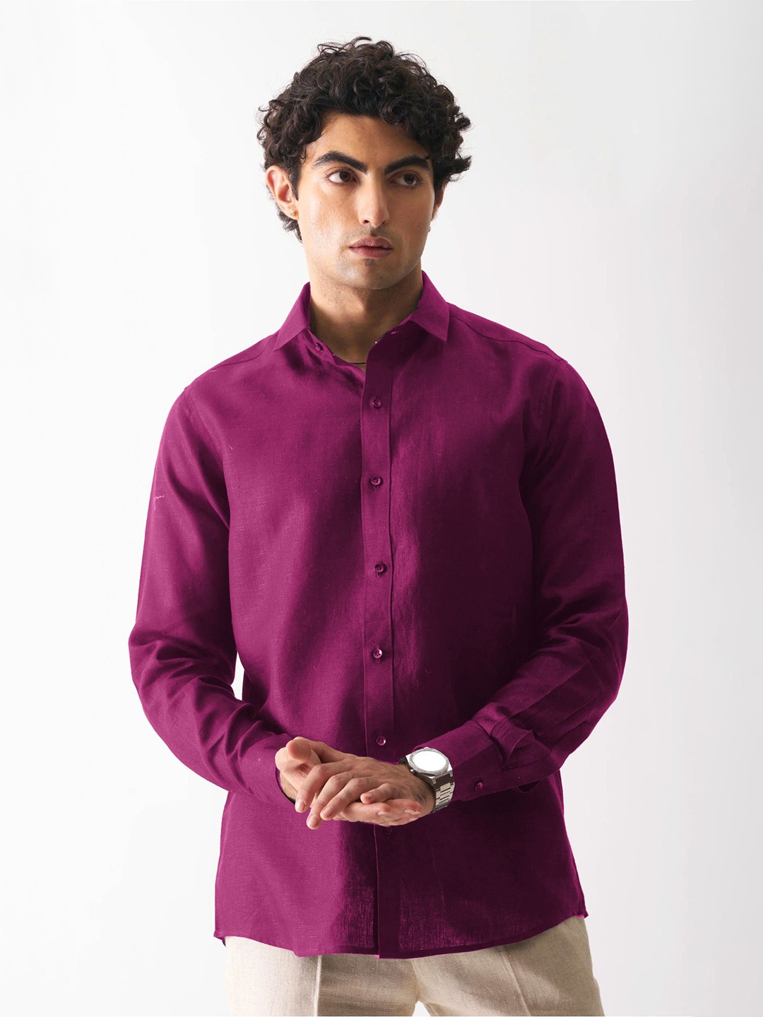 

SHANLIYA Men Classic Opaque Casual Shirt, Magenta