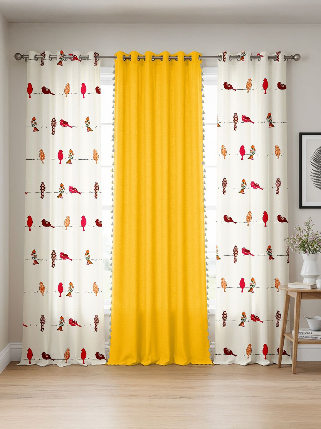 

URBAN SPACE Yellow & White Set of 3 Floral Door Curtain