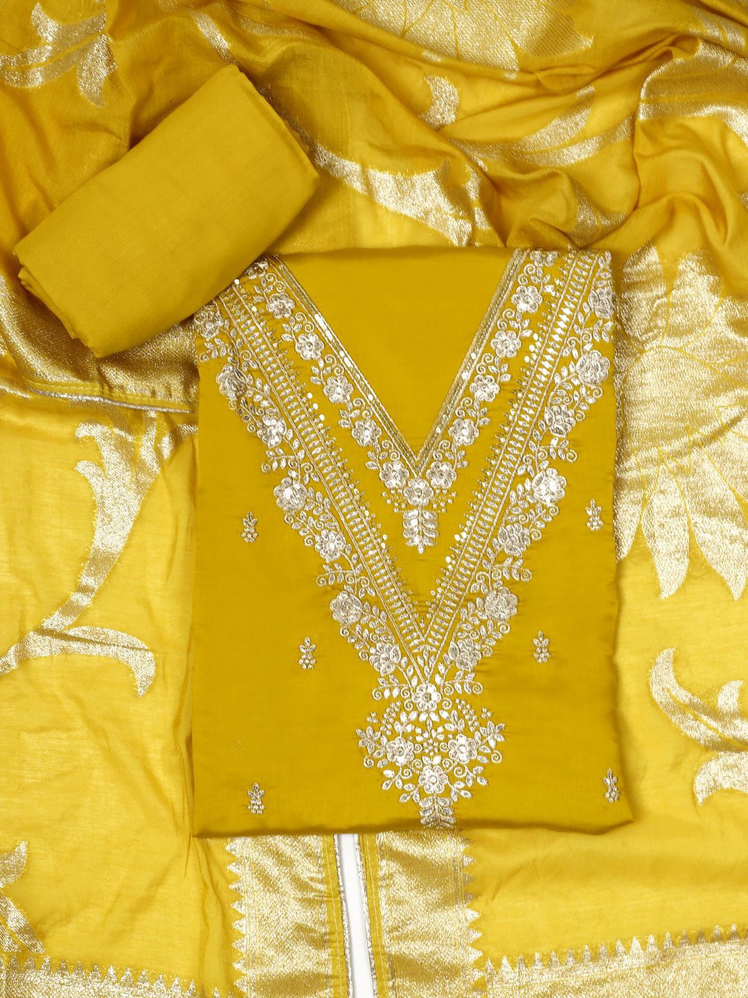 

SALWAR STUDIO Embroidered Pure Silk Unstitched Dress Material, Yellow