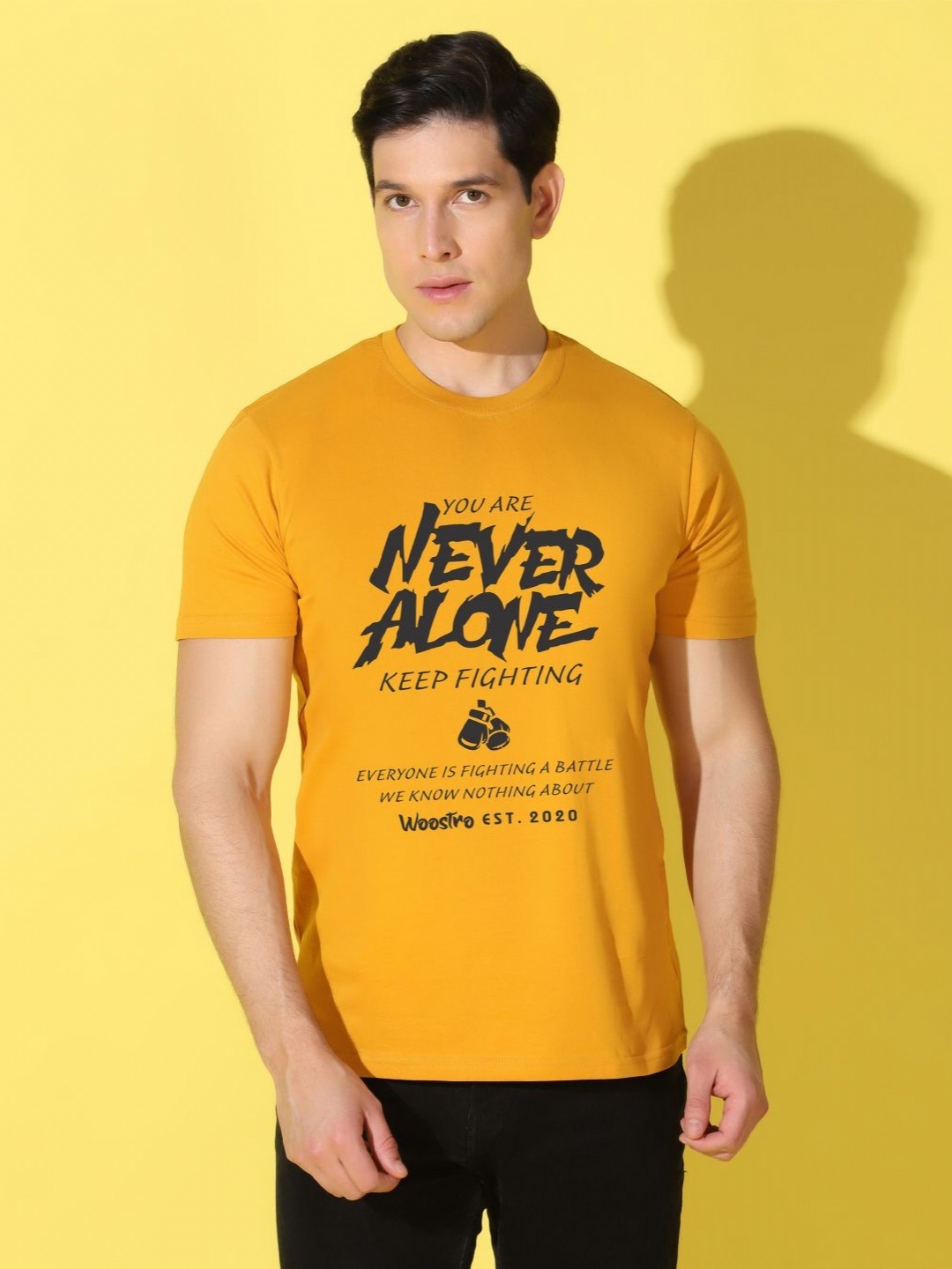 

WOOSTRO Men Typography Printed Slim Fit T-shirt, Mustard