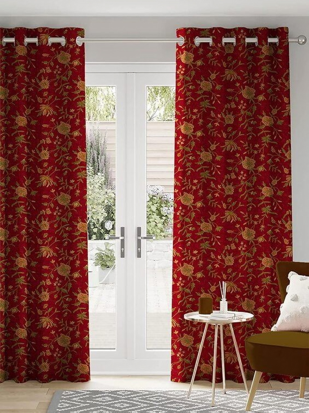 

CASABLEU Maroon Set of 2 Geometric Long Door Curtain