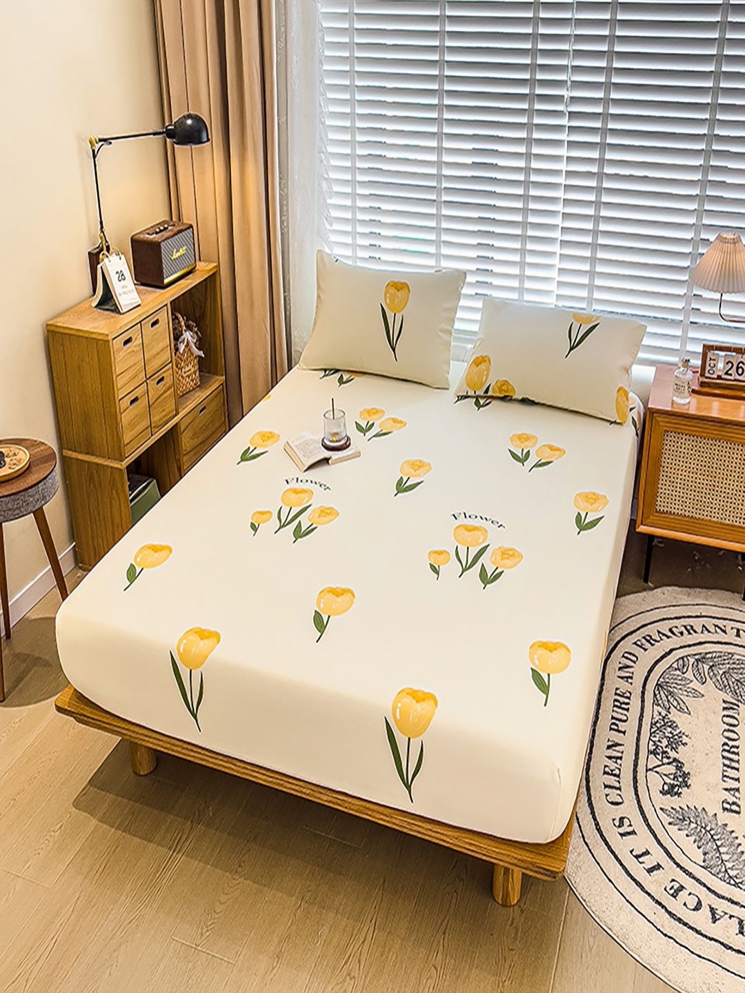 

JC HOME Yellow & Green Floral 220 TC Queen Bedsheet with 2 Pillow Covers
