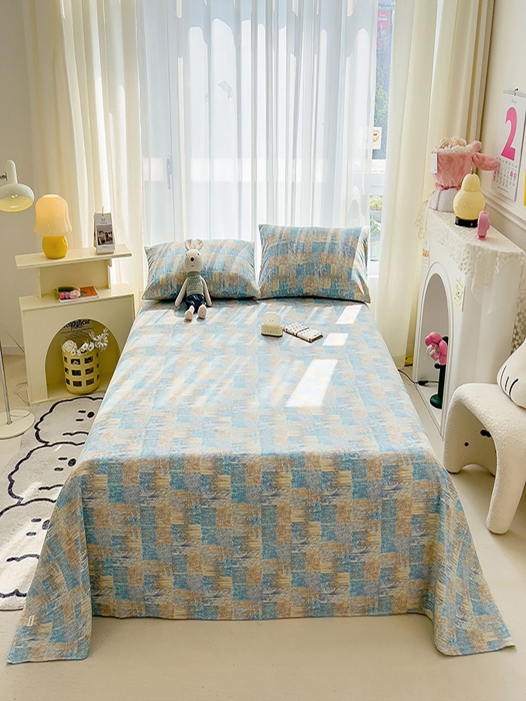 

JC HOME Green & Cream-Coloured Geometric 140 TC Queen Bedsheet with 2 Pillow Covers