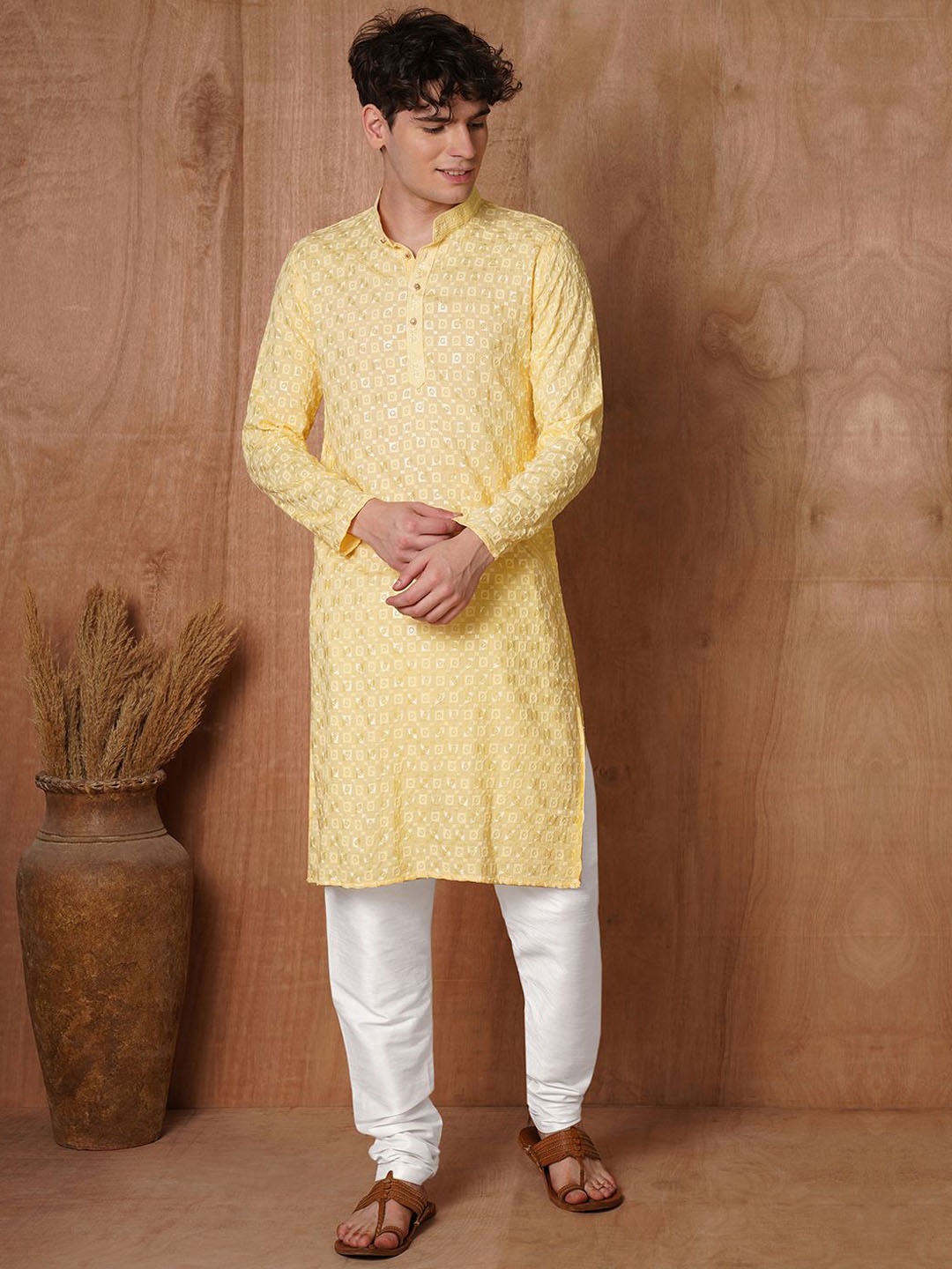 

TRYBUY.IN Men Ethnic Motifs Printed Chikankari Indie Prints Kurta, Yellow