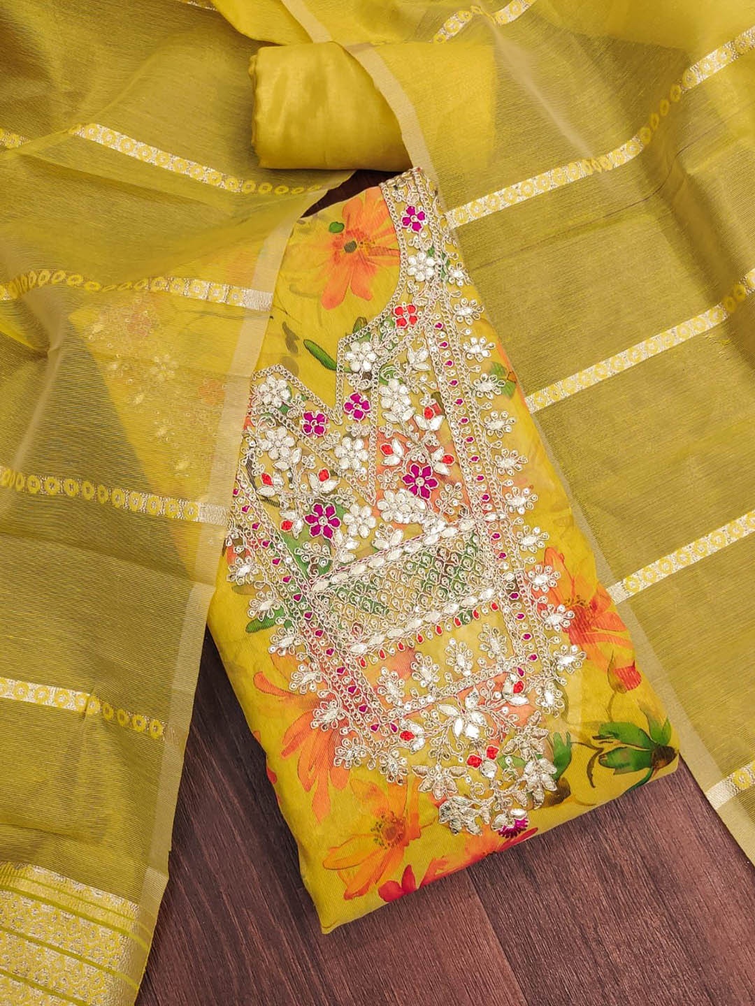 

BlissFlair Floral Embroidered Sequnnied Organza Unstitched Dress Material, Yellow