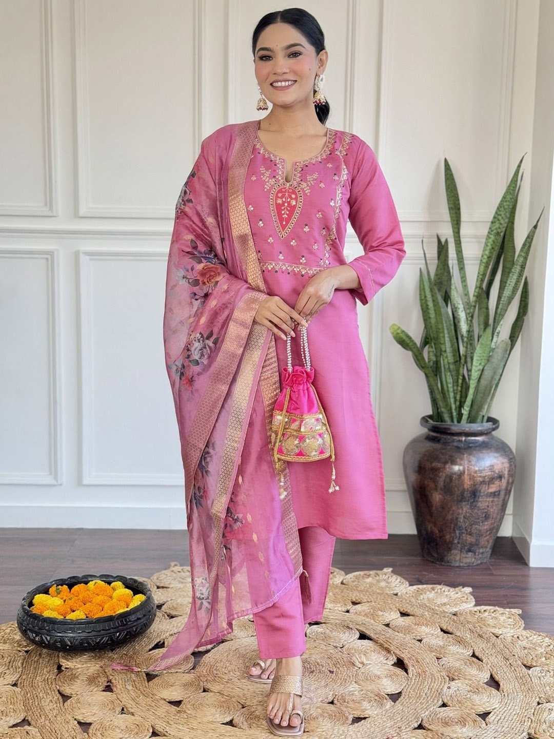 

KALINI Women Ethnic Motifs Yoke Design Regular Thread Work Chanderi Silk Kurta with Trousers & With Dupatta, Pink