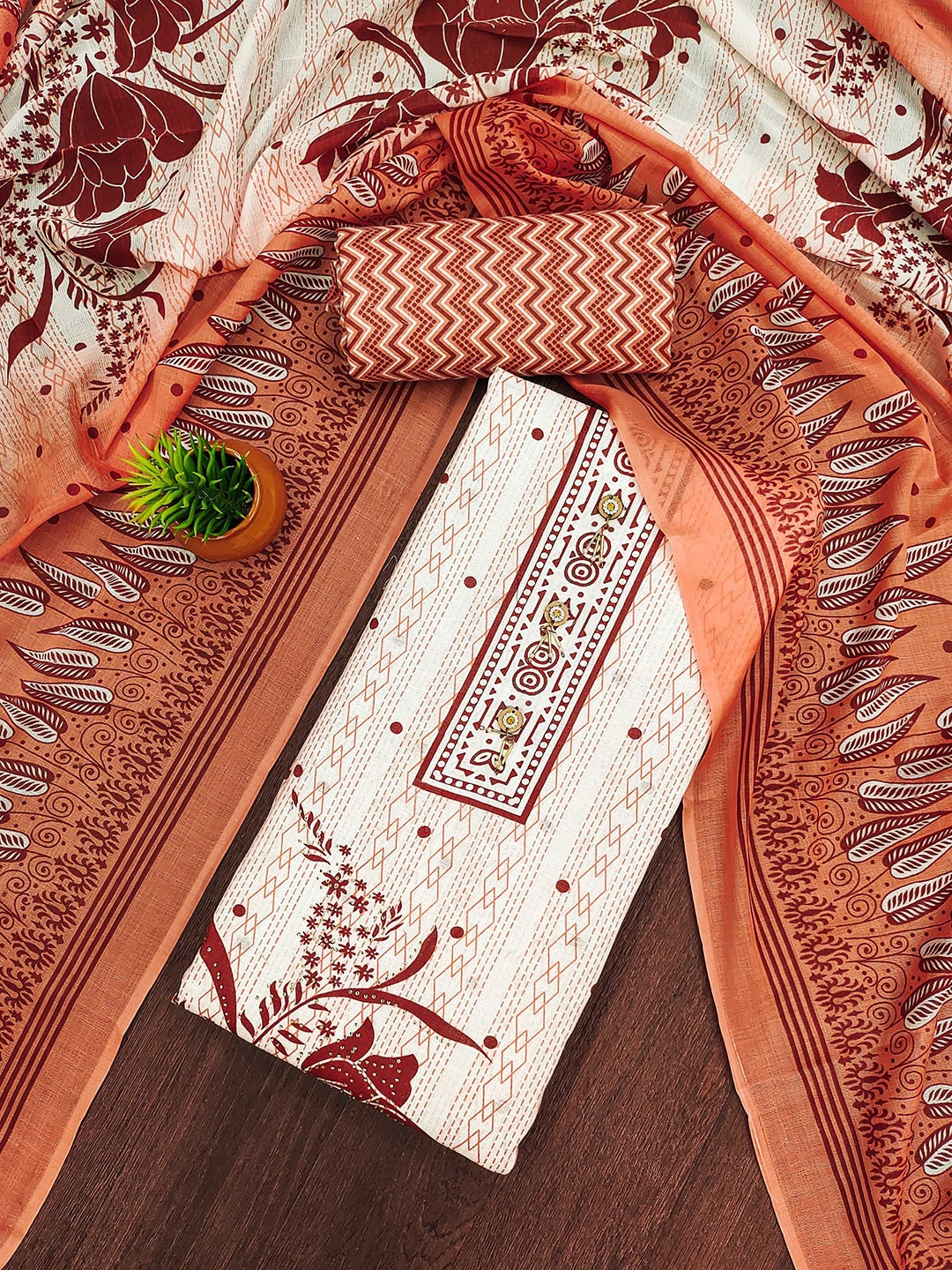 

SHADOW & SAINING Printed Pure Cotton Unstitched Dress Material, Orange