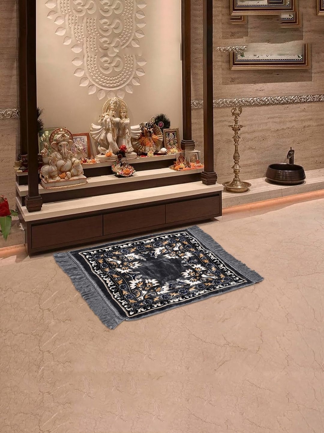 

Aura Grey & Navy Blue Floral Printed Velvet Comfortable Pooja Floor Mat