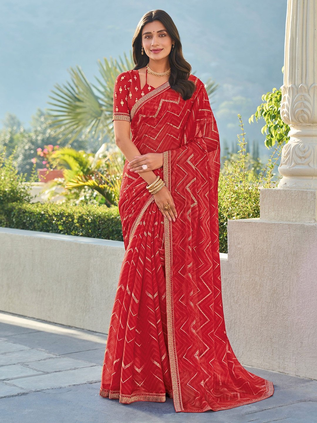 

Laxmipati Embroidered Poly Chiffon Saree, Red