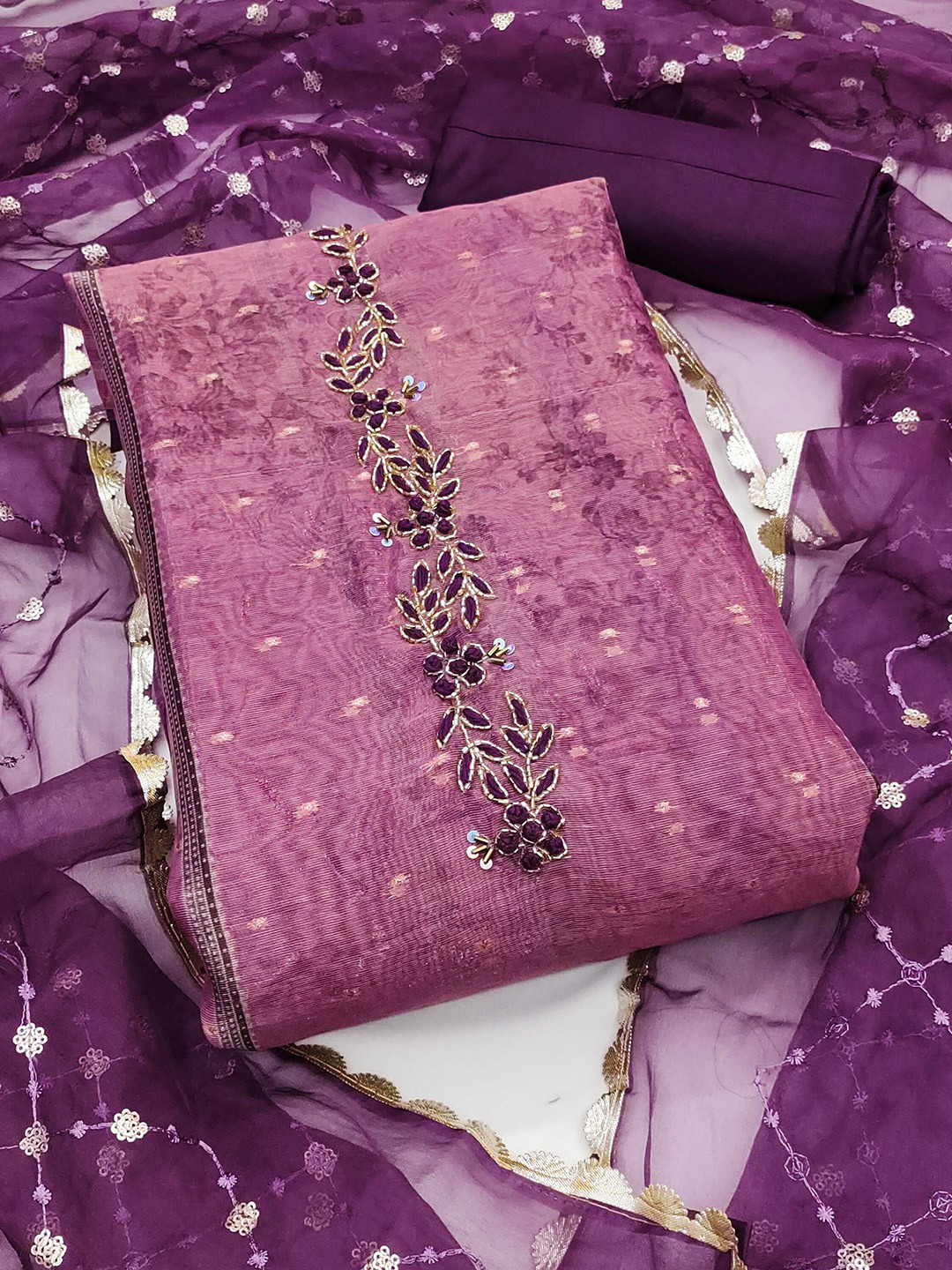 

SHADOW & SAINING Embellished Semi-Stitched Dress Material, Purple